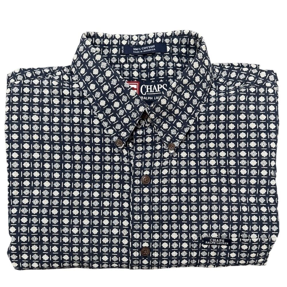 VTG CHAPS Ralph Lauren Geometric Shirt Sz L Blue Short Sleeve Button Down 90s